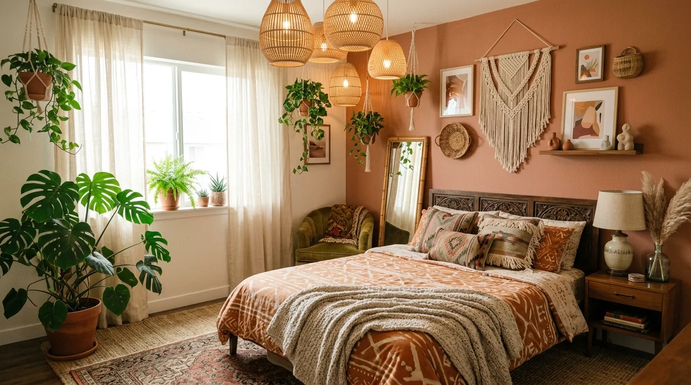 Use low lighting to make the room feel intimate inspiration for a boho bedroom.